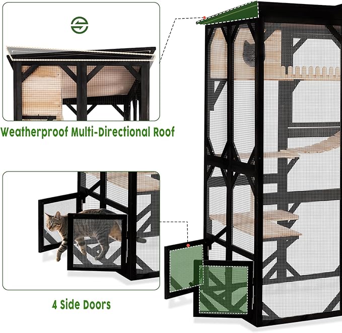 Catio Outdoor Cat Enclosure Wooden Cat House for Mulitiple Cats Walk-in Cage Window Acess with Heavy Duty Weather-Proof Asphalt Roof