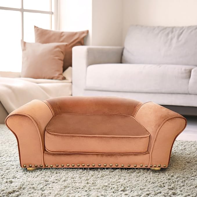 Critter Sitters 34-in. Faux Velvet Sofa in Brown for Medium-Sized Dogs and Cats, Durable and Stylish Dog Bed for Bedroom and Living Room