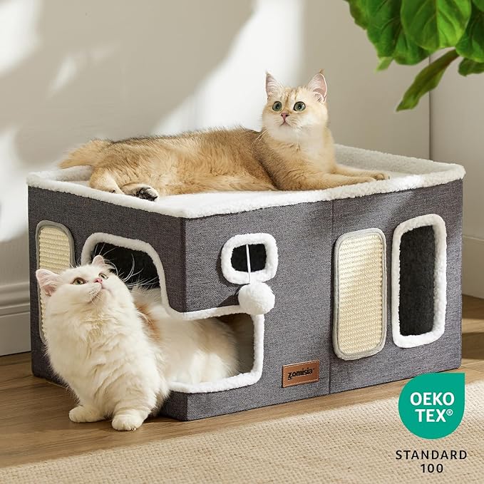 Extra-Wide Cat House for Indoor Cats - Large Cat House for Pet with Fluffy Ball Hanging and Scratch Pad, Foldable Cat Hideaway for Multi Cats, 23x16.5x13 inches, Grey