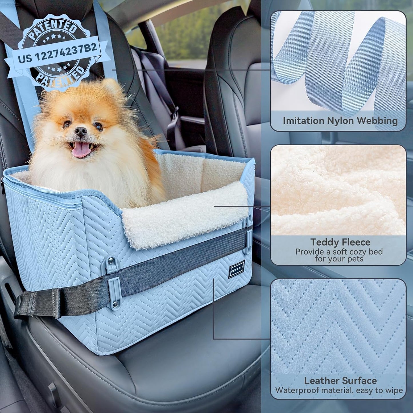 PETSFIT Dog Car Seat Medium Sized Dog, Stable Small Dog Car Seat for Car with Clip-On Leash, Fleece Liner Suitable for Small Pets Up to 25lbs (Blue)