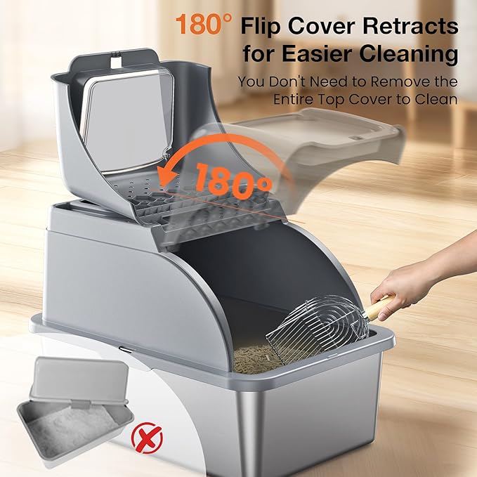 Stainless Steel Litter Box, XXL Large Metal Covered Litter Boxes, Dual Entrance Detachable Cat Litter Box with Lid, 16.6'' High Wall Urine Leak Prevention with Cat Litter Scoop (Gray)