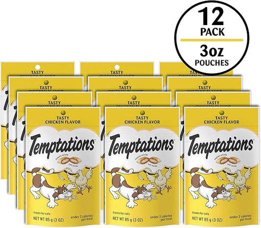 Temptations Classic Crunchy and Soft Cat Treats, Tasty Chicken Flavor, 3 oz. Pouch (Pack of 12)