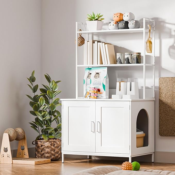 Cozy Castle Litter Box Enclosure, 57'' Cat Litter Box Furniture with Large Cabinet, Shelves and 4 S-Hooks, Hidden Cat House for Most of Litter Boxes, Wooden Pet Washroom Indoor, White