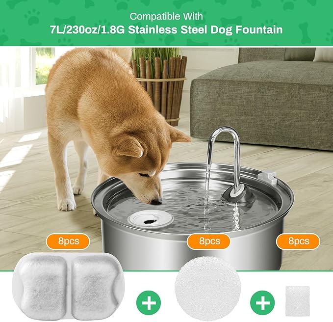 8-Pack Dog Water Fountain Filter Replacement for 7L/230oz/1.8G Stainless Steel Dog Fountain Super Quiet with Triple Filtration for Large Cats Multi-Pet Home (8 Set Filters for 7L Pet Fountain)