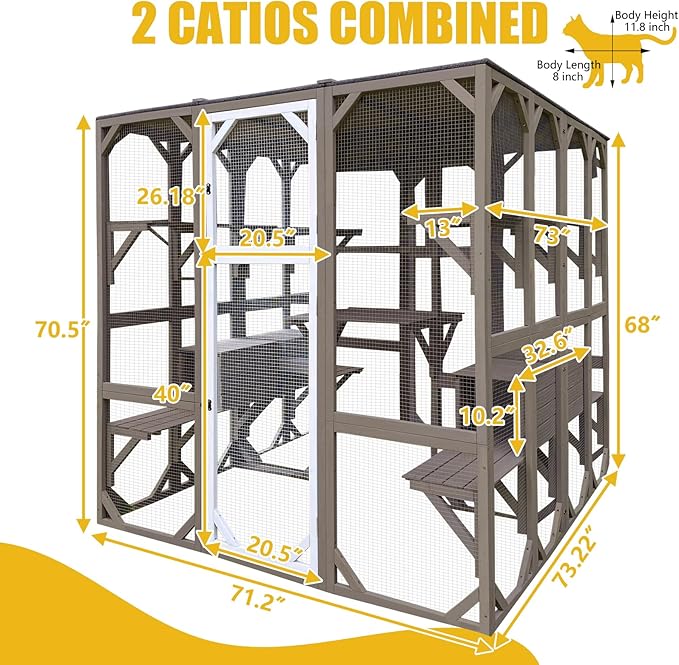 Outdoor Catio Cat Enclosures - Wooden Cat House Weatherproof with Multi Platforms & Lounge Boxes,Combined- 71 Inch