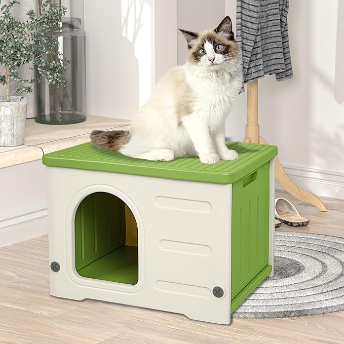 Plastic Cat House for Outdoor Indoor Use, Stackable Feral Cat Shelter Indoor Cat House Insulated Weatherproof Waterproof -Green