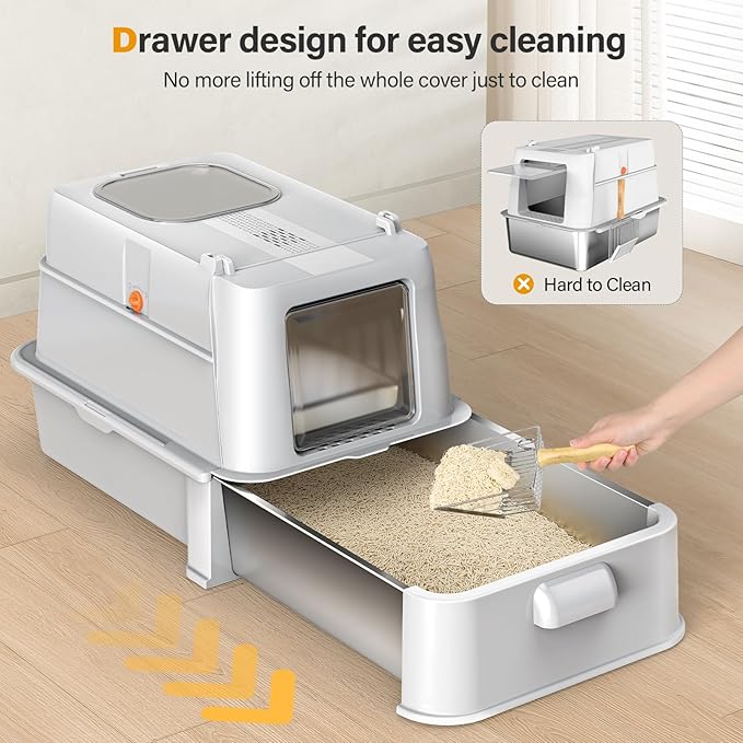 Enclosed Stainless Steel Cat Litter Box with Lid，XL Large Metal Cat Box with Drawer for Big Cats,Top Exit Kitty Litter Box Includes Scoop, Filter Pedal,Odor Control, Easy Cleaning