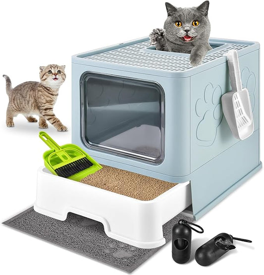 Cat Litter Box with Litter Mat, Foldable Extra Large Free in and Out/One-Way with Lid, Drawer Type Enclosed Kitty Litter Box,Odor Control Anti-Splashing Easy Cleaning (Blue)