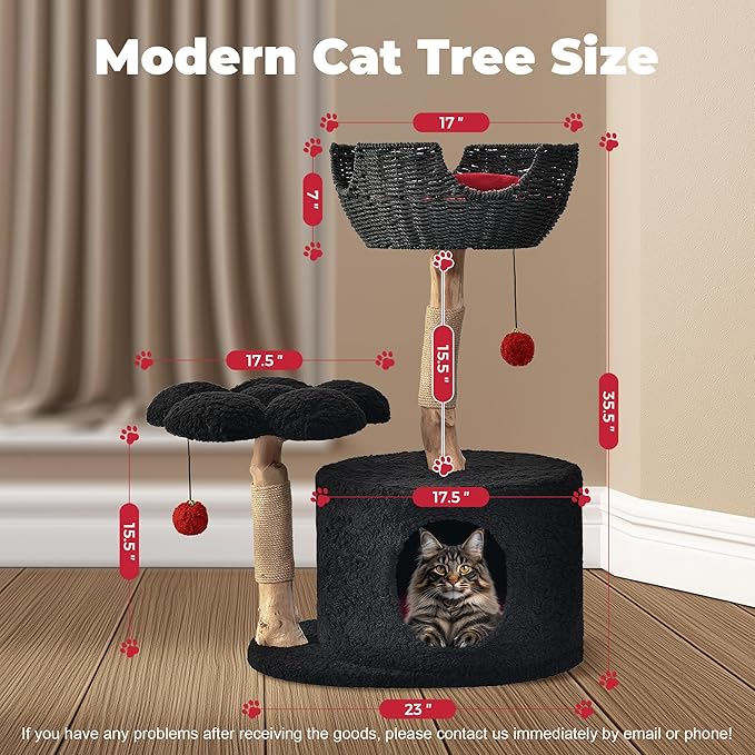 Easyego Modern Cat Tree, Aesthetic Wood Cat Tree Tower for Large Cats, Luxury Cat Condo with Scratching Posts and Flower Platforms, Cat Furniture by Easyego，(Black)