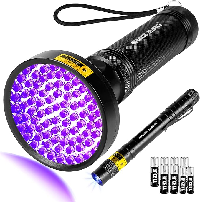 100 LED UV Black Light Flashlight (395nm) with Mini UV Pen Light(365nm) - Dual Wavelength Ultraviolet Light for Pet Urine Detection, Scorpion Hunting, Resin Curing, Counterfeit Money & Leak Detection