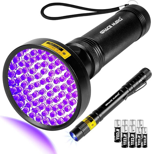 100 LED UV Black Light Flashlight (395nm) with Mini UV Pen Light(365nm) - Dual Wavelength Ultraviolet Light for Pet Urine Detection, Scorpion Hunting, Resin Curing, Counterfeit Money & Leak Detection