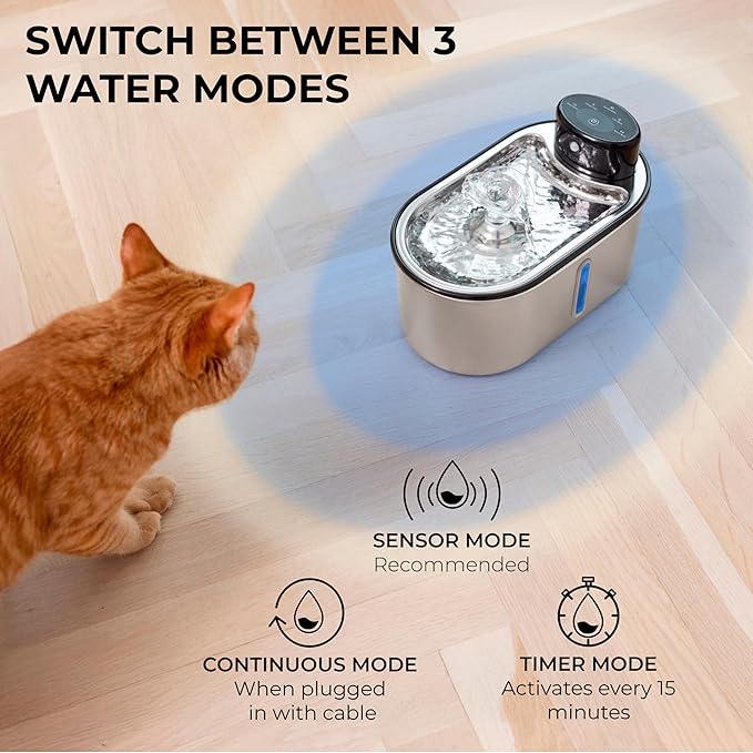Wireless Cat Water Fountain Stainless Steel, 5200mAh Battery, Ultra Quiet, Automatic Pet Water Dispenser, 108oz/3.2L, Two Flow Modes, BPA-Free, Multi-Filtration, Includes 2 Filters - Black