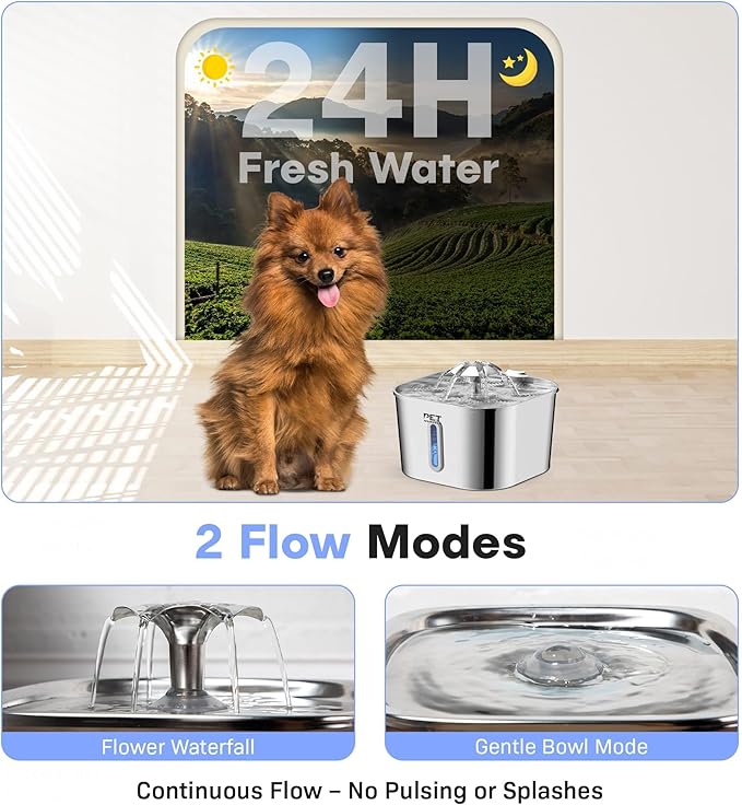 Stainless Steel Cat Water Fountain – 2.2L/74oz Ultra-Quiet Pump, Visible Water Level, Dual Flow Modes – Automatic Pet Water Dispenser for Cats & Small Dogs