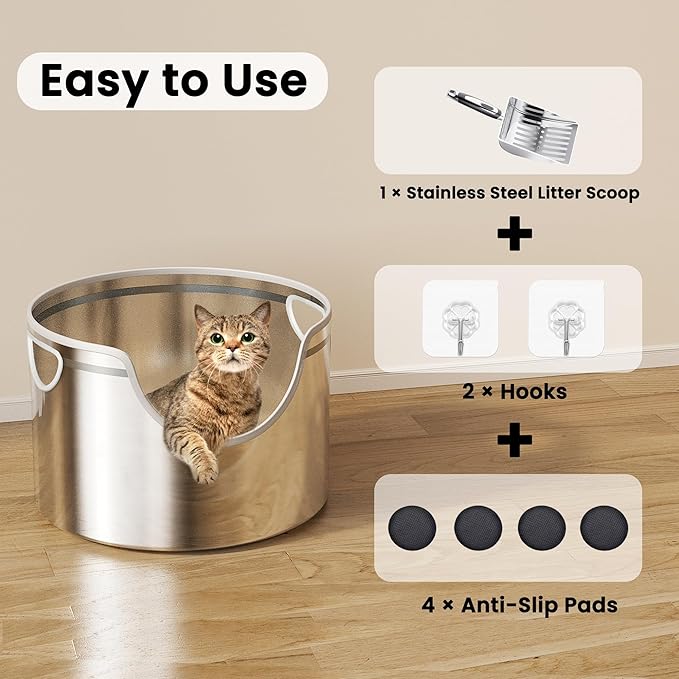 Stainless Steel Litter Box Metal with Integrated Round for XL/XXL Big and Multi Cats, 12" High Wall High Side, Odor Control, Easy to Clean, Durable, Includes Stainless Steel Scoop