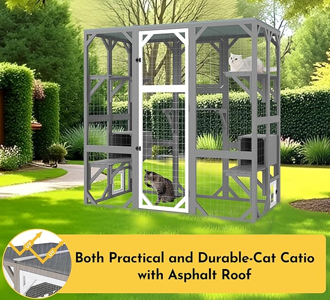 Outdoor Catio Cat Enclosures - Extra Large Wooden Outdoor Cat House Enclosure Weatherproof with Multi Platforms & Lounge Boxes, Indoor Interoperability - 71 Inch H