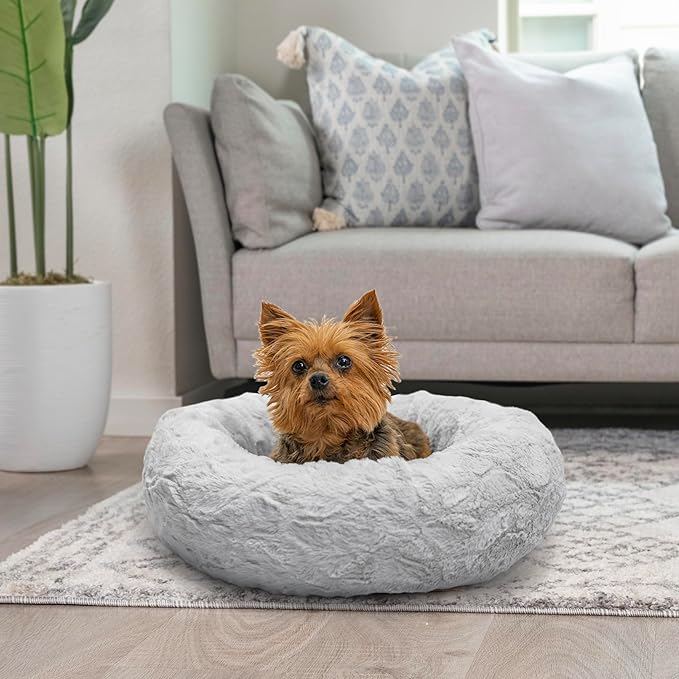 Best Friends by Sheri Original Calming Donut Dog and Cat Bed, Lux Faux Fur, Gray, XS (18in x 18in) - Anxiety Relief for Pets Up to 10 lbs