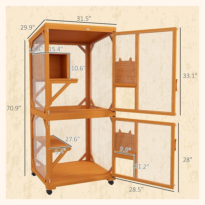 PawHut Wooden Catio with Waterproof Roof, Large Cat House with High-Up Resting Box, Indoor & Outdoor Cat Enclosure with Wheels, for 3-6 Cats, Orange