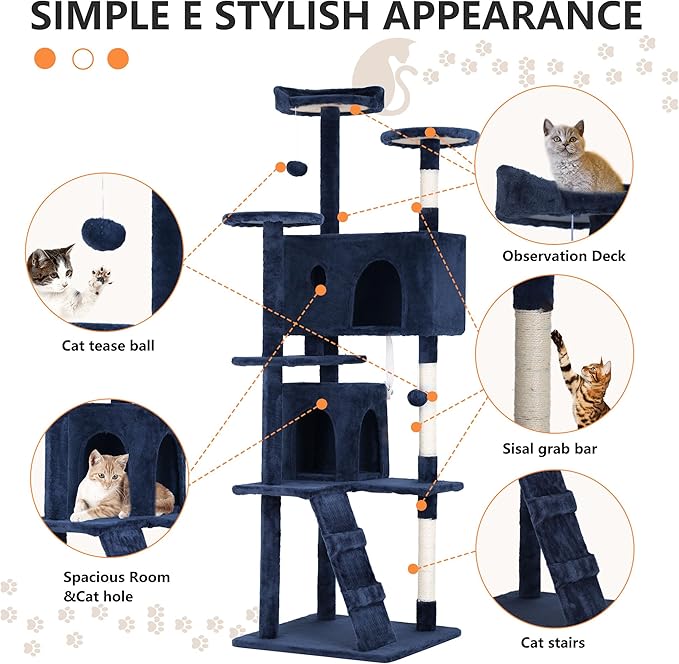 BestPet 70in Cat Tree Tower for Indoor Cats,Multi-Level Cat Furniture Activity Center with Cat Scratching Posts Stand House Cat Condo with Funny Toys for Kittens Pet Play House,Navy Blue