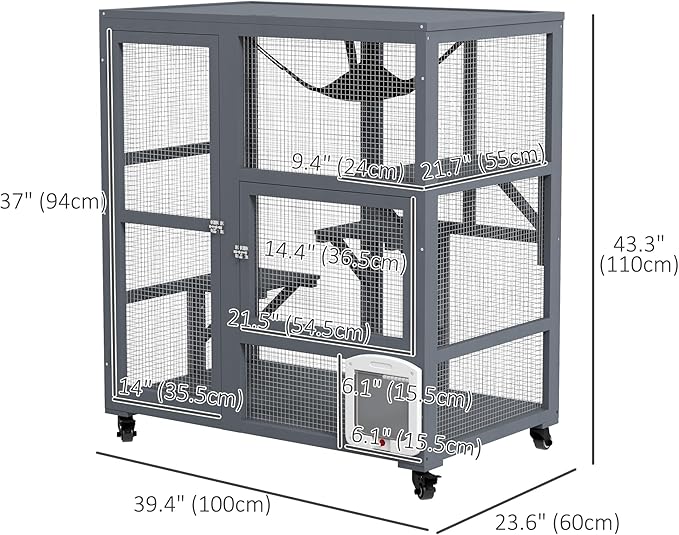 PawHut Indoor Wooden Catio, Cat House Cat Enclosure on Wheels with 3 Platforms, Hammock, Cat Flap Door & Openable Top, Luxury Kitty House for 2 Cats, 39", Light Gray