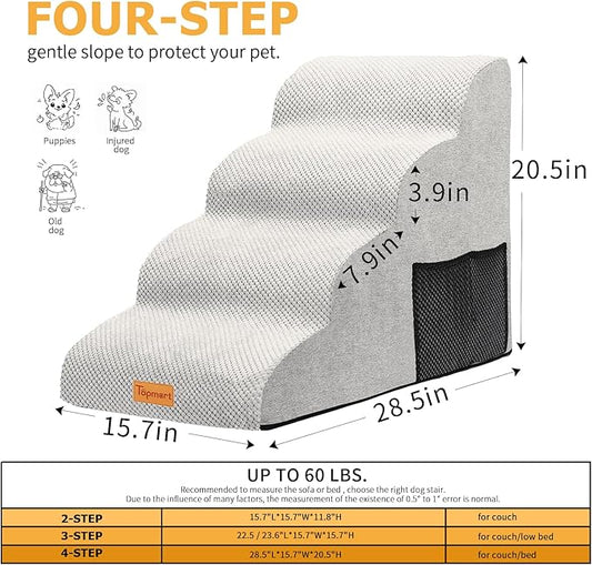 Topmart High Density Foam Dog Steps 4 Tiers,Extra Wide Deep Pet Steps,Non-Slip Dog Stairs Ramp for Bed,Soft Foam Cat Ladder,Best for Older Injured,Older Pets,Cats with Joint Pain