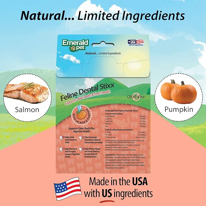 Emerald Pet Feline Dental Stixx — Tasty and Crunchy Cat Dental Sticks with Pumpkin for Digestive Health — Natural Grain Free Dental Treats for Clean Cat Teeth and Fresh Breath — Salmon Stixx, 3.6 oz