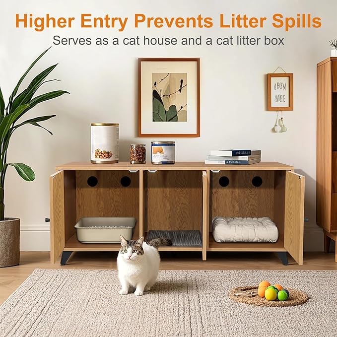 Cat Litter Box Enclosure for 2 Cats, Modern Hidden Litter Box Furniture with Double Room, Large Cat House Washroom Cabinet with Scratch Pad, 46.5" x 19.7" x 19.7" (Natural Oak)