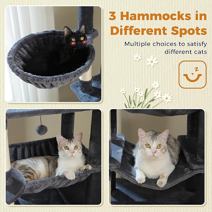 81 Inch Tall Cat Tree for Big Cats & Multi-Cat Homes, Large Heavy Duty Cat Tower with Metal Frame Hammock, 6 Scratching Posts, 2 Condos, 2 Perches, Scratching Pad - Dark Grey