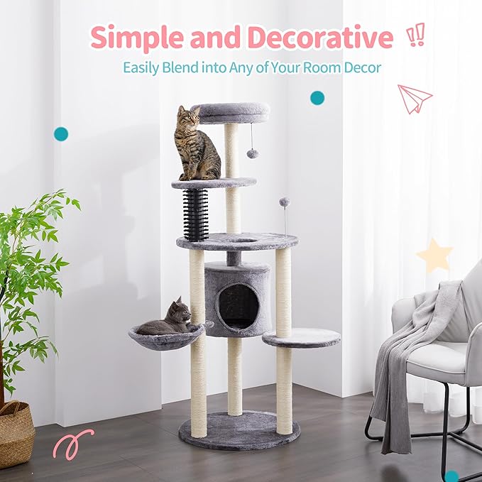 MADE 4 PETS Cat Tree for Indoor Cats, 60.2 inch Tall, 5-Level, Modern, Grey, Sisal Scratch Posts, Cat Condo with Hammock, Cat Tower for Large Breeds