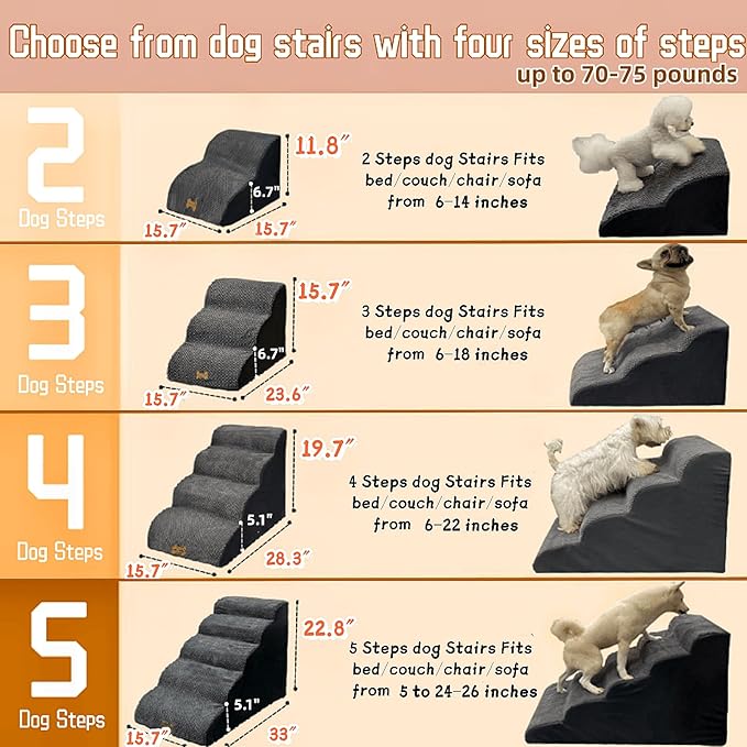 Dog Stairs for High Beds Couches 2-Step 2-5 Step Pet Stairs Steps for Small Large Dogs Cats Non-Slip Balanced Ramp Indoor Stairs with Non-Slip Sticker 30D Grey
