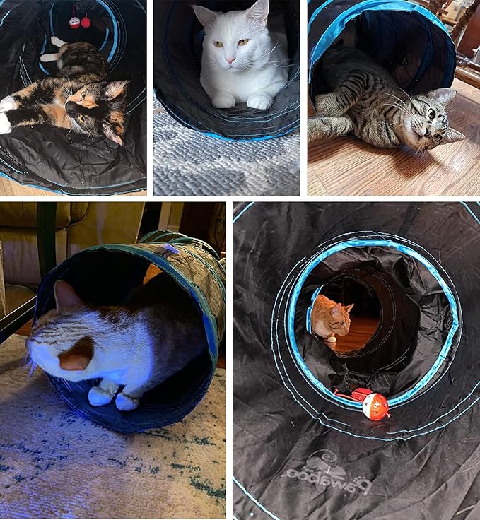 Pawaboo Cat Toys - S-Shaped Tunnels 25x97cm, Extensible Cat Play Tent with Balls and Bells, Interactive Maze House for Kittens and Small Animals, Blue