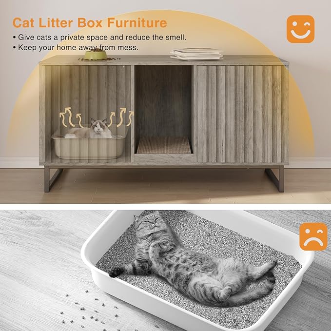 Cat Litter Box Enclosure for 2 Cats, 47.6’’ Litter Box Furniture Hidden with Scratch Pad, Double Room Large Cat Cabinet, Indoor Pet House TV Stand Side Table,Washroom,Grey