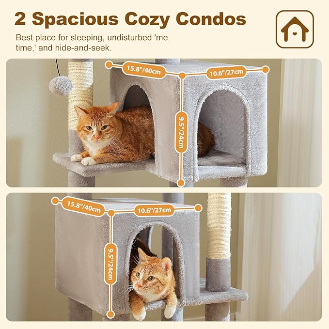 PAWZ Road Cat Tree Tower 62 Inches Cat Tree with 2 Condos,2 Large Perch,4 Scratching Posts & 1 Scratching Board, and 2 Hanging Balls for Indoor Cats-Grey