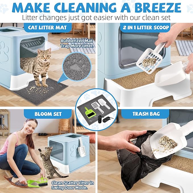Cat Litter Box with Litter Mat, Foldable Extra Large Free in and Out/One-Way with Lid, Drawer Type Enclosed Kitty Litter Box,Odor Control Anti-Splashing Easy Cleaning (Blue)