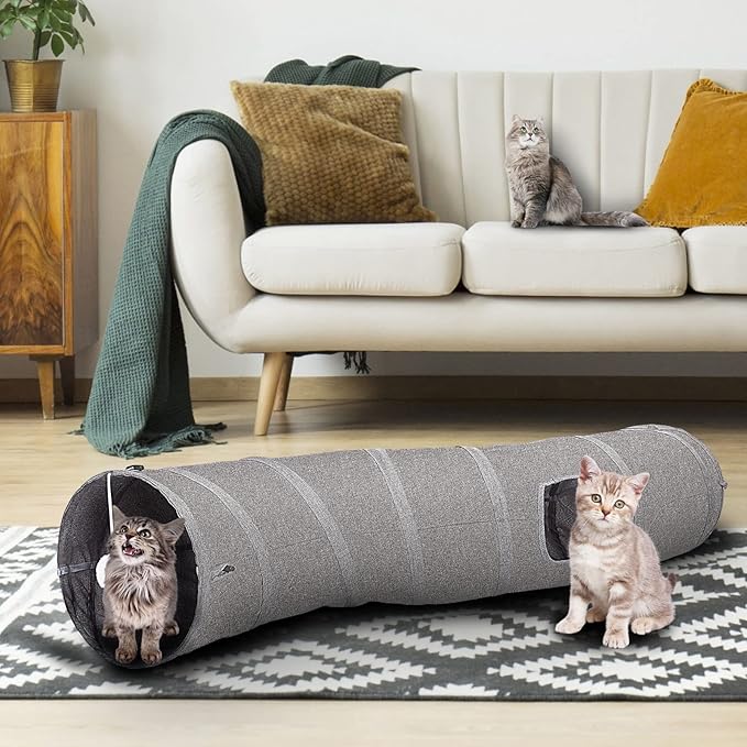 Ownpets Cat Tunnel Sturdy Oxford Fabric Cat Tunnel Toy, S-Shape Collapsible Cat Tunnels for Indoor Cats,Interactive Peek Hole Pet Tunnel Tube with Cat Wand Toy