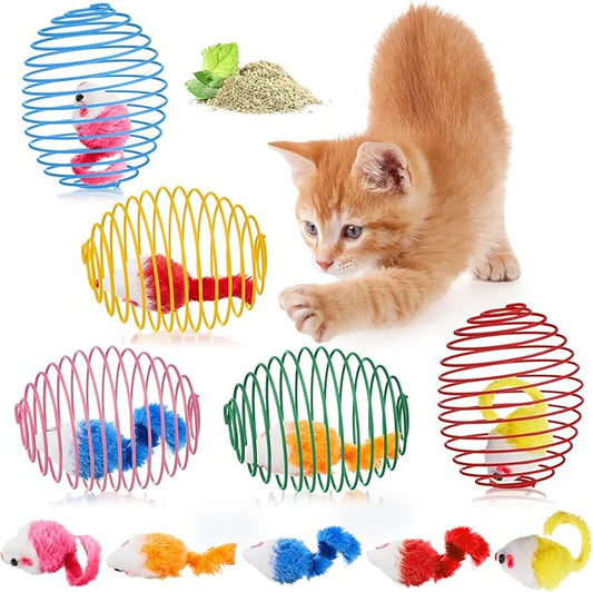 Jecery 5 Pcs Cat Spring Balls Stretchable Springs Toys Rolling Balls Colorful Playful Coils Interactive Spring Action Toy Caged Rats for Kitten Cat Pet Supplies Indoor (Catnip Rats,Bright Color)