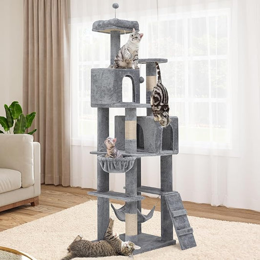 YITAHOME 75in Cat Tree Tower for Indoor Cats, Multi-Level Cat Furniture with Scratching Posts, Cat Caves, Padded Perch, Cozy Hammock, Ladder, and Plush Balls for Kittens, Pet Play House Light Gray