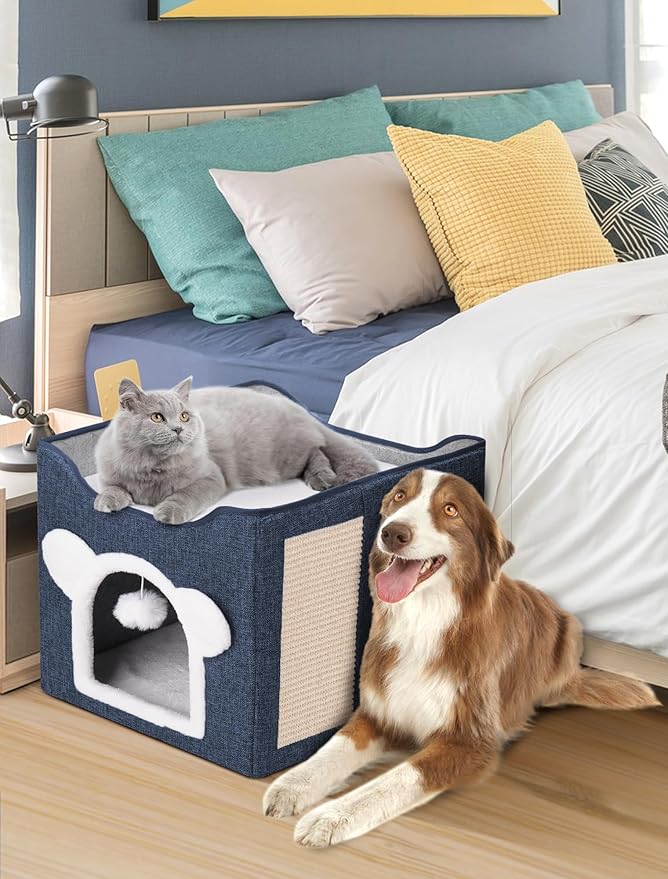 Cat Houses for Indoor Cats, Large Cat Cave with Fluffy Ball and Scratch Pad, Covered Cat Bed House, Foldable Cat Hideaway