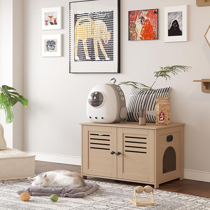 DINZI LVJ Litter Box Enclosure, Wooden Cat House with Good Ventilation, 27.6" Hidden Cat Washroom, Entrance Can Be on Left or Right, Indoor Litter Box Furniture, End Table, Natural