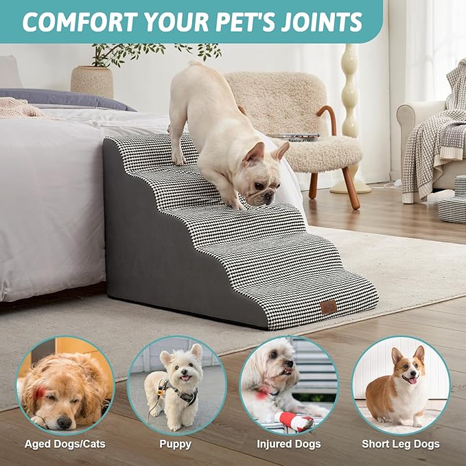 Extra Wide Dog Stairs 19.7" Width, Large Pet Step for Small Medium Dog, Puppy or Cat, Ramp for High Bed or Car, High Density Foam Ladder, Stable, 5 Step, 19.7x33x22.4 inch, White Black