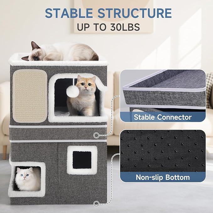 Double Cat Beds for Indoor Cats, 2-Storey Cat House with Large Cozy Hideaways, Dual Purpose Cat Cave Cube with Scratch Pads, Hanging Balls, Foldable Indoor Cat Houses for Multi Cats Kittens Small Pets