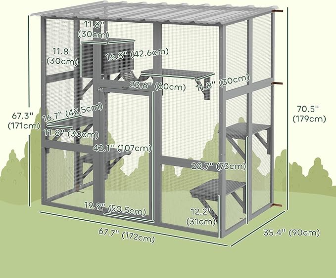 PawHut Catio Outdoor Cat Enclosure Window Box, Wooden Cat House Playground with Scratching Posts, Weather Protection Roof for 1-2 Kitties, Resting Boxes, 68" x 35.5" x 70.5", Gray