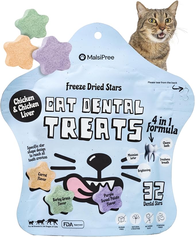 MalsiPree Cat Dental Treats - Chicken Base, 32-Count - Freeze Dried Cat Treats & Dental Chews - Freshens Breath & Minimizes Tartar - Anti-Choke Star Shape - Natural Lysozyme