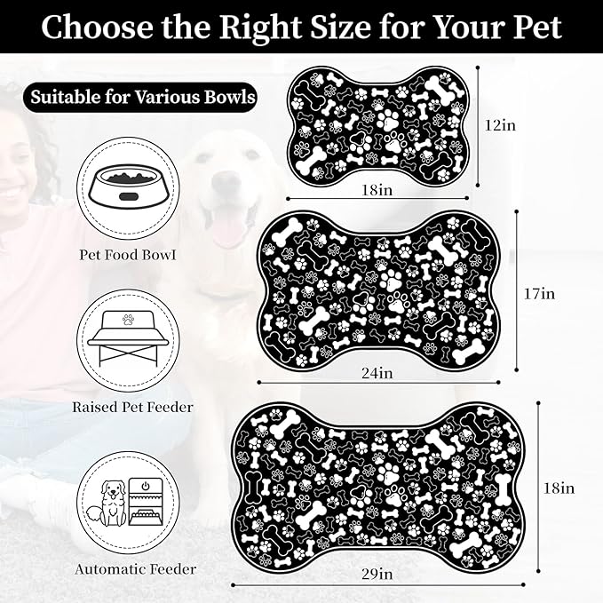 Dog & Cat Food Mat Bone Shaped Pet Feeding Mat Quick Absorb Water Bowl Placemat with Rubber Backing Indoor Floor Stain Resistant Pet Accessory Supplies (Black Small, 12x18 Inches)