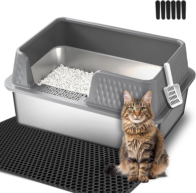 Suhaco Stainless Steel Litter Box Side Entry, Kitty Black Litter Mat and White Scoop Included Covered Metal High Sided Large Cat Litter Box with Lid Removable Enclosure for Medium Cats (Grey)