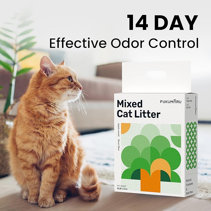 FUKUMARU Tofu Cat Litter, 32 LBS Clumping Cat Litter, Dust Free, Natural, Unscented, Flushable, Lightweight, Low Tracking, Mixed Apple Wood, 24/7 Odor Control, 8 lb x 4 Bags