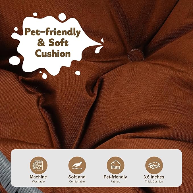KEIKI Cat Hammock with Stand - Rattan Wicker Swing Bed, Cozy Egg Chair for Cats & Small Dogs, Brown Cushion Included
