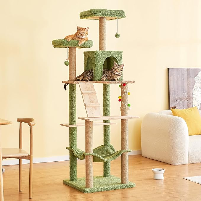 MWPO Green Modern Cat Tree, 70.1-Inch Large Wood Cat Tower for Indoor Cats, Multi-Level Tall Cat Condo with 2 Padded Perches, Hammock, Scratching Posts, Dangling Toys for Large Adult Cat