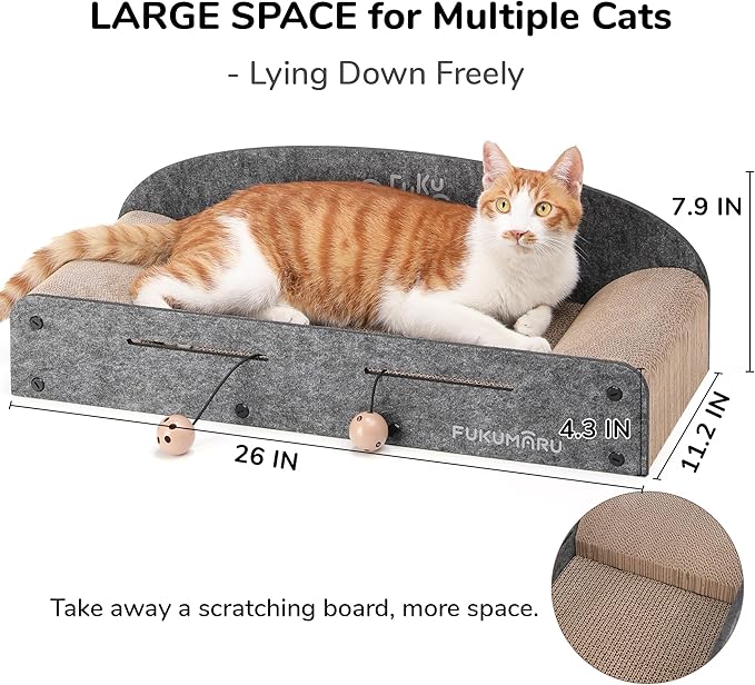 FUKUMARU 26 Inch Cat Scratcher Cardboard Lounge Bed, 2 Reversible Cat Scratch Pads Refill for Indoor Cats, Durable Cats Scratching Boards Extra Large Lounger Bed Sofa Couch with Ball Toy, Grey