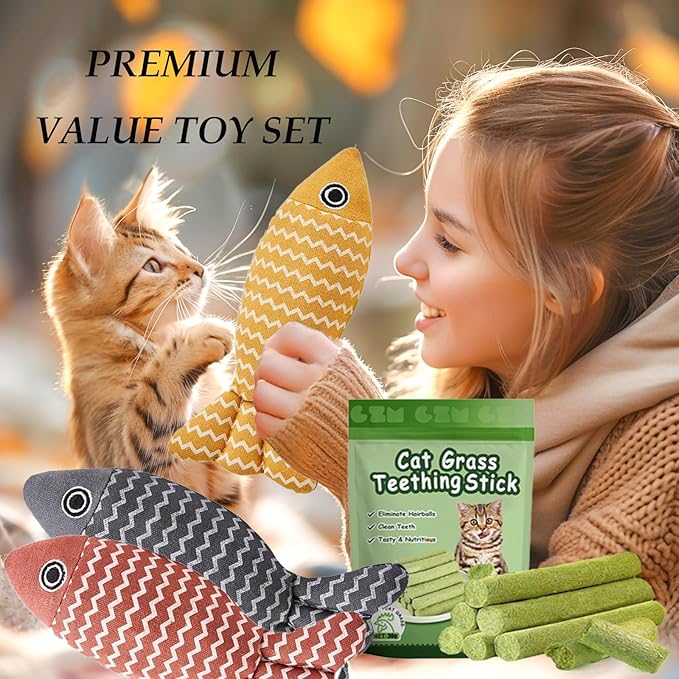 Cat Toys for Indoor Cats 9pcs Wavy Fish Toy Catnip Toys Cats Interactive Toys Kitten Dental Gifts Cat Kicker Grass Stick Kitty Chew Plush with Bells