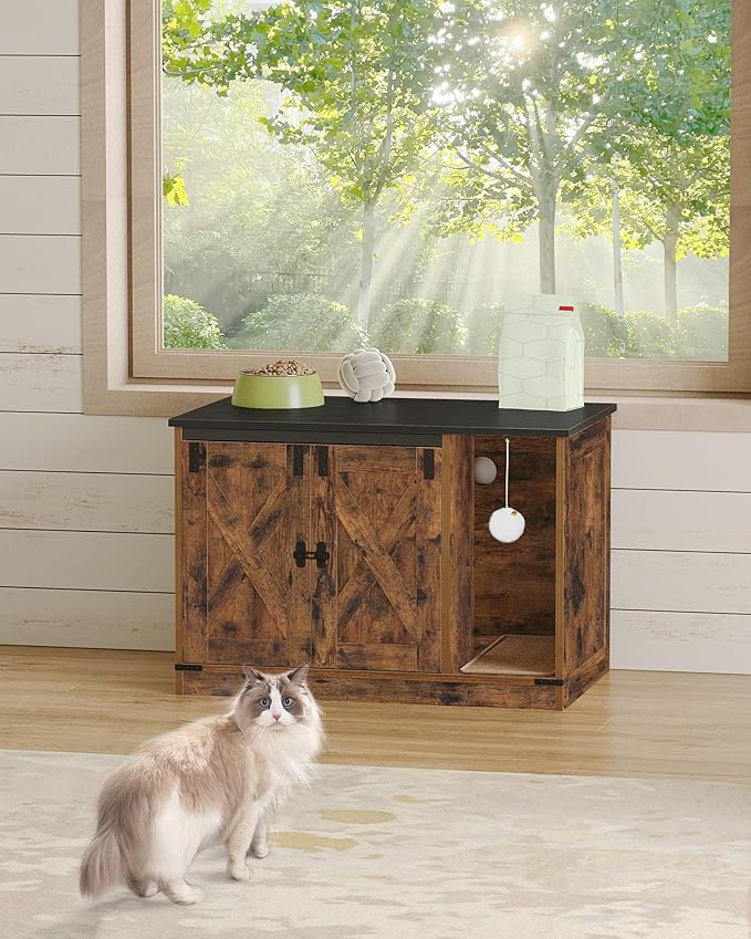 Cat Litter Box Enclosure, Hidden Litter Box Cabinet Furniture with Bell, Indoor Cat House, Farmhouse Style, 31.5 x 19.7 x 20.9Inches, for Hallway, Bedroom, Rustic Brown and Black CB82401X